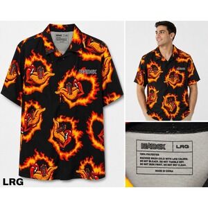 Flame Print Short Sleeve Button Down Shirt Mens L Black Beatbox Y2K Feel Tongue